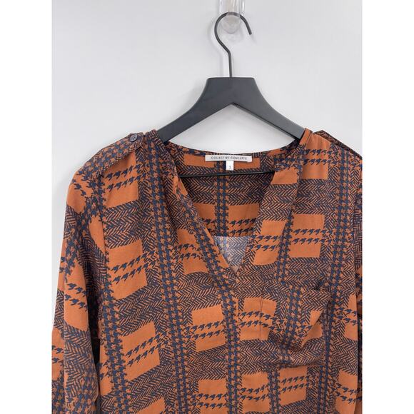 Collective Concepts Brown and Navy Patchwork Print Blouse Size Small - Picture 3 of 9